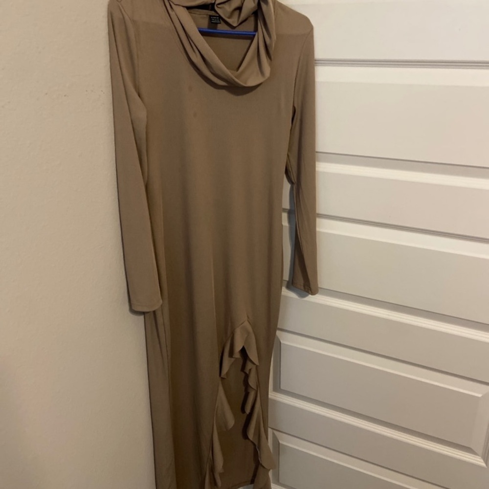Glamour asymmetrical neck ruffle trim slit dress